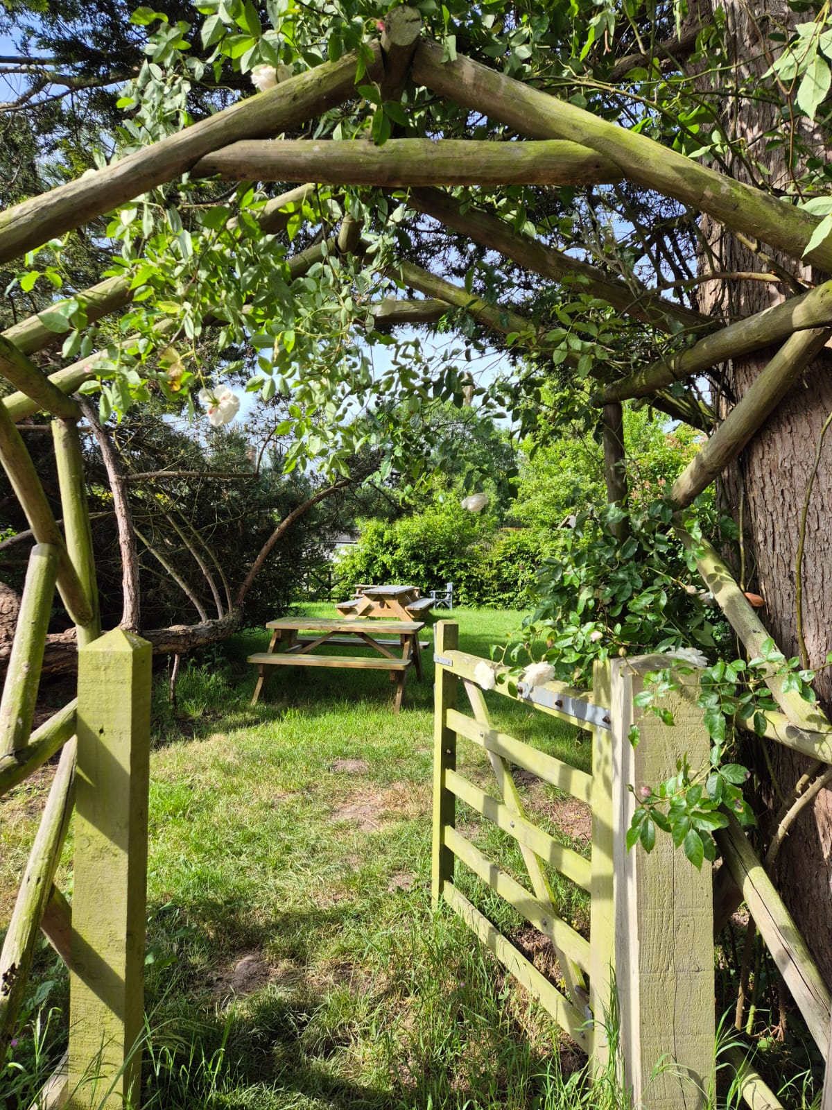 The rose-covered arch leading into the garden at The Bell Inn, Yarpole