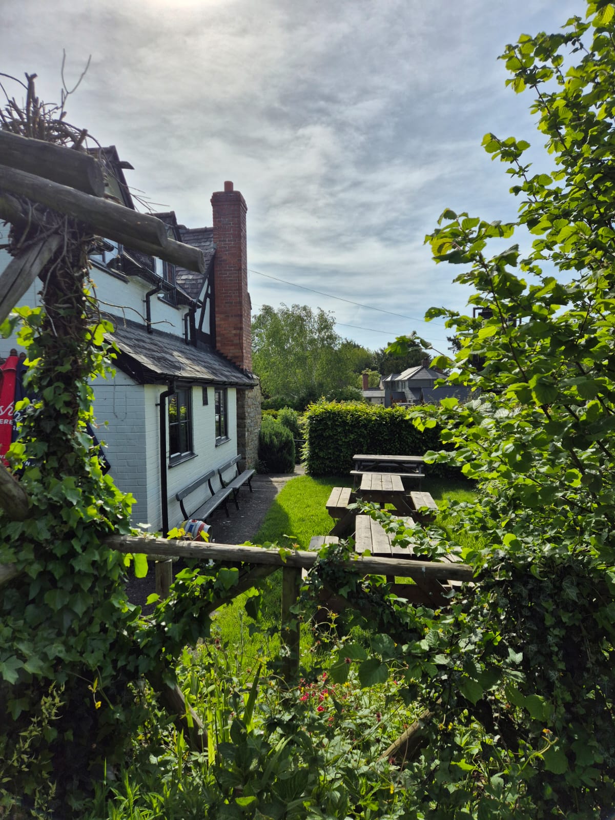 Picnic benches on the lawn beside the whitewashed pub building