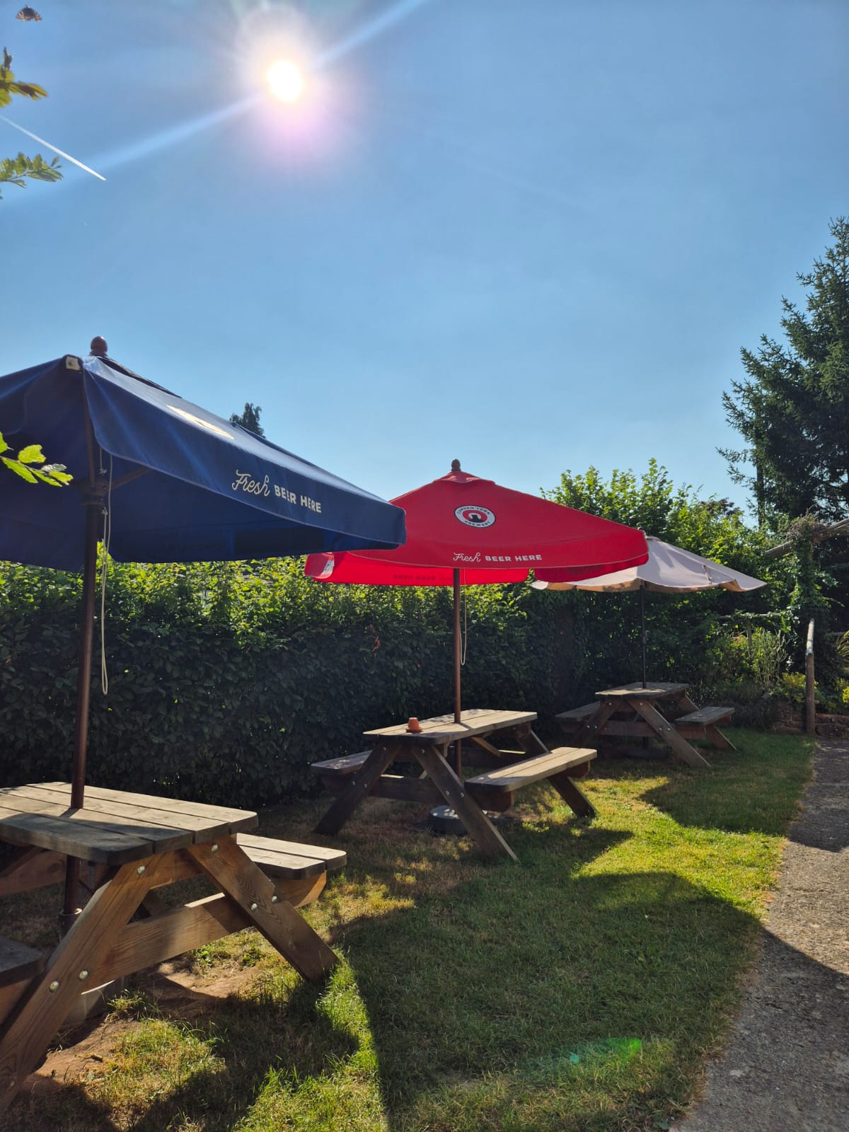 Parasols shading picnic tables in the beer garden on a summer afternoon